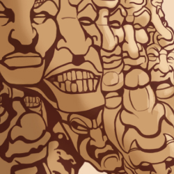 Macro close-up showing the rust-colored ink texture. Note the intricate linework where individual smiling faces overlap.