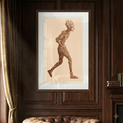 The Many Faced Man print hanging in a moody, dark academia style study. The artwork is framed against rich walnut wood paneling above a tufted leather sofa, creating a sophisticated atmosphere.