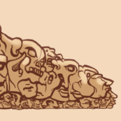 Detail view of the dense, interlocking crowd of faces that make up the figure's shoulder.