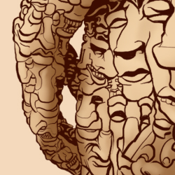 Close-up detail of the 'watchful eyes' motif. Multiple eyes are shared between faces in a recursive, surreal pattern.