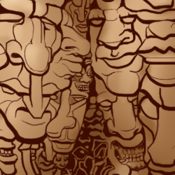 Detail of the figure's hair, which is actually composed of smaller, flowing profiles and faces.