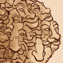 Detail of the interlocking line work, showing friendly, grinning expressions within the abstract structure.