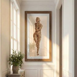 The Many Faced Lady vertical print hanging in a bright, minimalist hallway. The tall aspect ratio of the framed artwork perfectly fills the narrow wall space, catching the soft natural light to create a serene, modern focal point.