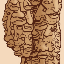 Bottom detail showing the single leg the figure balances on, composed of compressed, smiling faces.