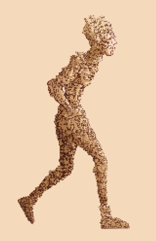 An intricate surrealist silhouette of a gentleman against a warm beige background. He is composed of a complex tessellation of hundreds of smiling and grinning faces. The faces interlock seamlessly, sharing eyes and noses to create a continuous pattern of rust-colored ink.