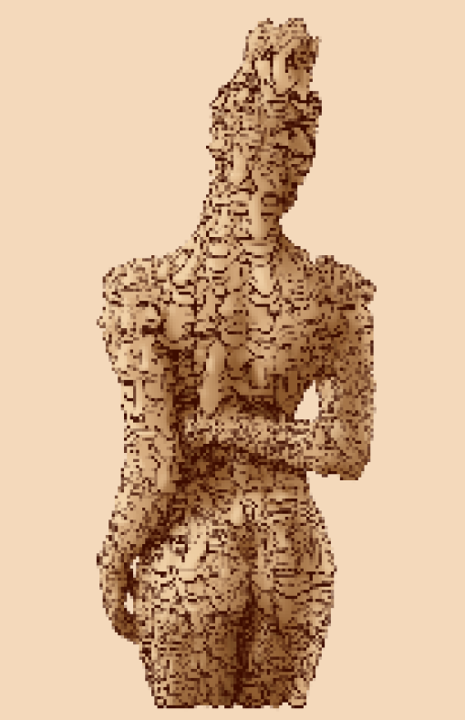 A decorative art print featuring a woman's silhouette in warm sepia and burnt orange tones. Her back is a mesmerizing optical illusion where multiple faces share features—eyebrows becoming eyelids—creating a seamless, flowing texture of half-smiles and watching eyes. Perfect for modern eclectic interiors.