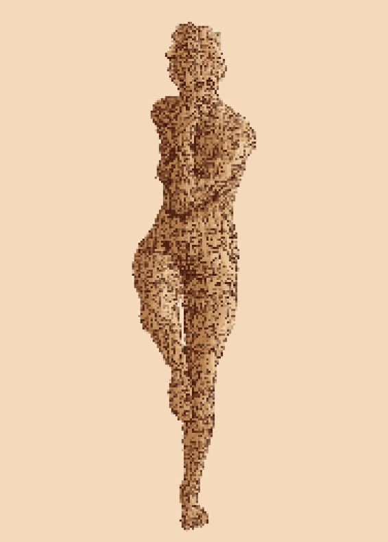A tall, elegant silhouette of a classically beautiful woman, reminiscent of a Greek statue. The figure is rendered in warm brown and red lines on a beige background. Instead of stone, her form is composed of organic, flowing faces that melt softly into one another, sharing eyes and noses to create a continuous, sinuous texture across her anatomical curves.